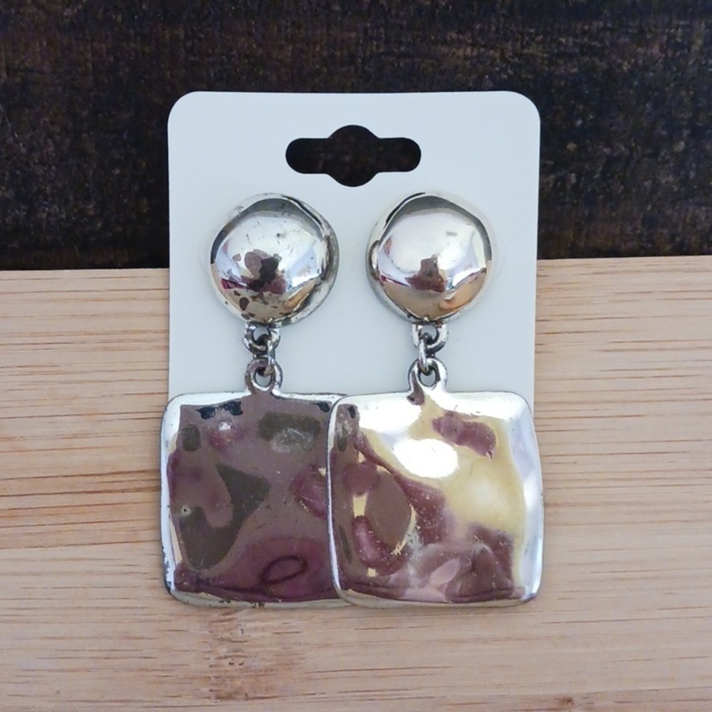 Silver Tone Chunky Hammered Dangle Earrings